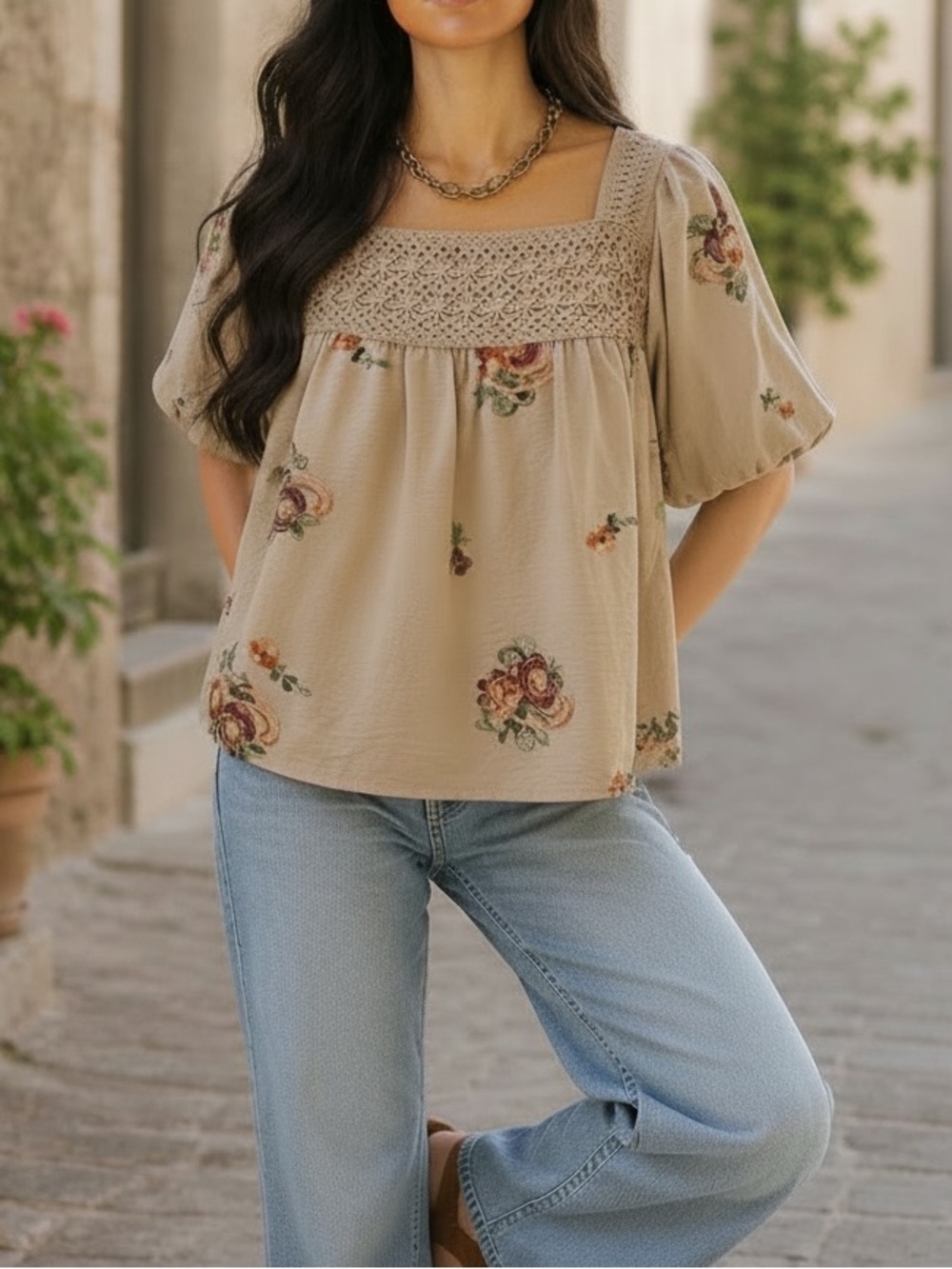 NWT Kindred Floral Embroidered Crochet Square Neck Top